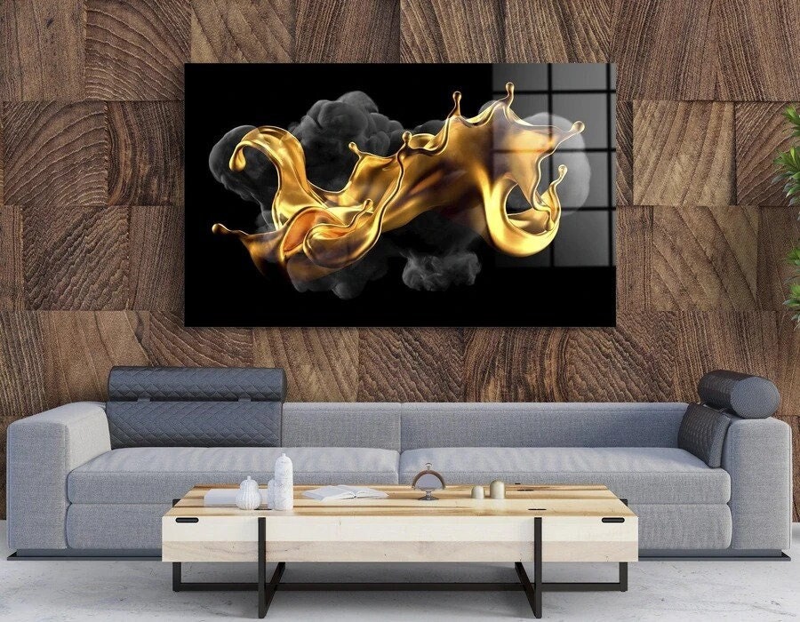 Abstract Art of Black and Gold Smoke Table Print,Contemporary Wall Art,Framed and Ready to Hang,Gold Liquid Splatter Glass Wall Art,Home art