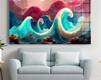 Tempered Glass Ocean Wave Art: Modern Minimalist Beach House Decor