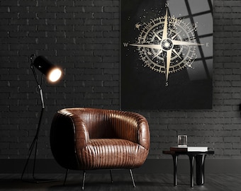 Marine Compass Tempered Glass Wall Art: Nautical Home Decor