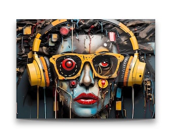 Arte de pared de vidrio templado de mujer ciberpunk, retrato futurista
