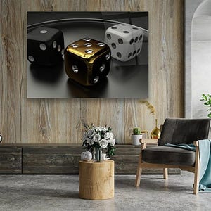 Jetons de poker dés et as en verre trempé, casino, jetons, dés, art mural de cartes à jouer, impression sur verre trempé, décoration murale dorée, Noël, anniversaire