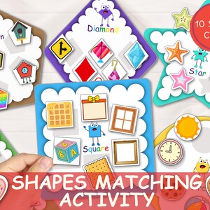 Könnte beinhalten: Ein farbenfrohes Lernspiel mit Formkarten. Die Karten zeigen verschiedene Formen wie Fünfecke, Rauten und Sterne sowie passende Illustrationen. Der Text "Shapes Matching Activity" ist unten zu sehen.
