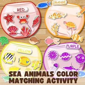 May include: A colorful educational game featuring sea animals in various colors. The image shows fish, starfish, and other sea creatures in bowls labeled with colors like red, orange, yellow, and purple. The text reads "SEA ANIMALS COLOR MATCHING ACTIVITY."