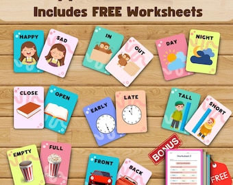 Op de afbeelding: Een set van 40 kleurrijke flashcards met tegengestelde woorden en illustraties. De flashcards bevatten woorden als blij, verdrietig, in, uit, dag, nacht, dicht, open, leeg, vol, lang, kort, laat, vroeg, voor, en achter. De set bevat ook gratis werkbladen.