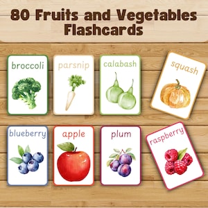 Fruits and Vegetables Flashcards, Preschool Toddler Kindergarten Montessori Flashcards Printable Worksheets, Watercolor Busy Book