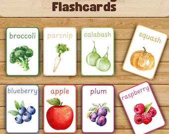 Fruits and Vegetables Flashcards, Preschool Toddler Kindergarten Montessori Flashcards Printable Worksheets, Watercolor Busy Book