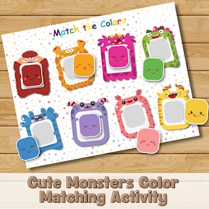 Cute Monsters Color Matching Activity for Kids, Toddler Learning Printable, Preschool Busy Book PDF, Color Sorting and Recognition Game