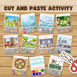 May include: A set of cut-and-paste activity sheets with illustrations of animals, rooms, and food. The text "CUT AND PASTE ACTIVITY" is at the top. A pair of scissors is on the right.