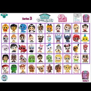 May include: A display of Disney Doorables Series 3 collectible figurines. The grid features various characters, including Aladdin, Jasmine, and Stitch. The packaging indicates 49 to collect, with common, rare, ultra-rare, and special edition figures.