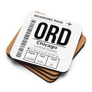 Sottobicchiere con retro in sughero e codice aeroportuale ORD di Chicago O'Hare, regalo a tema aeronautico, souvenir di viaggio, regalo per assistente di volo e pilota.