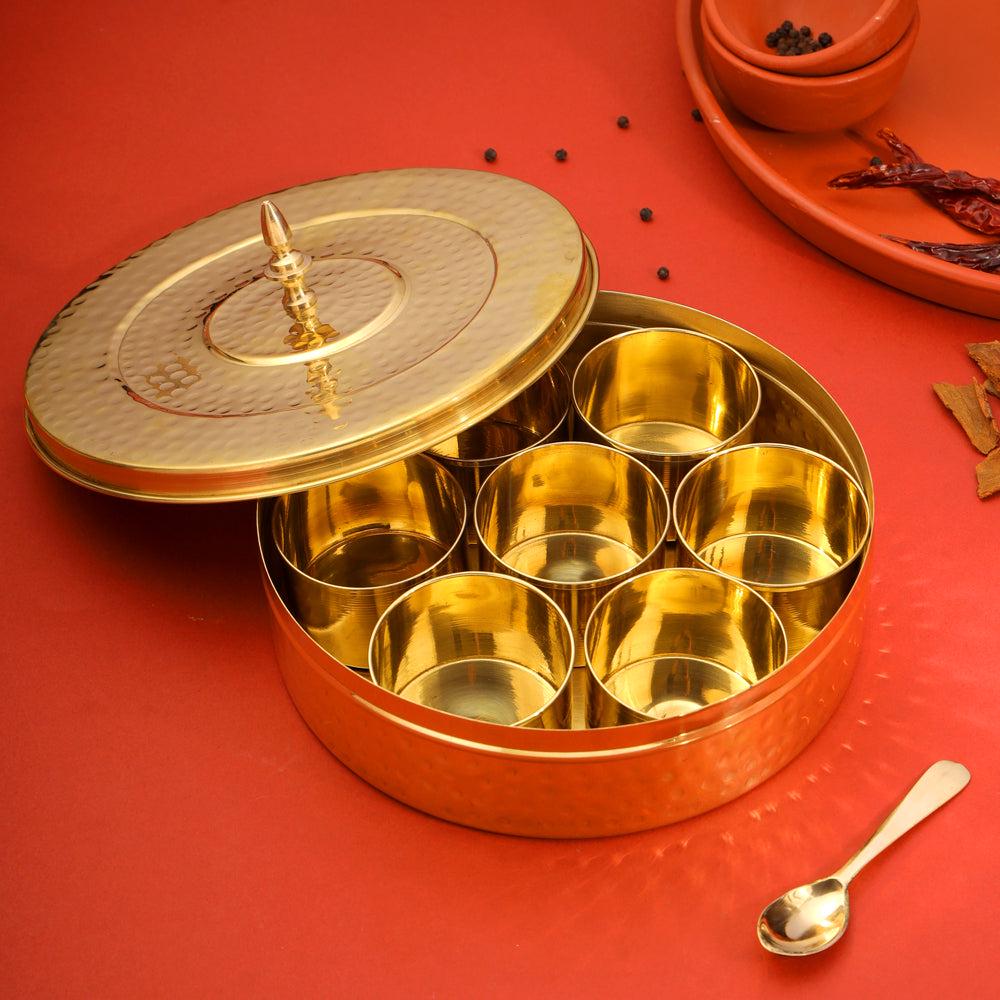 Brass Masala Daani/Spice Box (2.5 Inch), Brass Spice Box with Spoon, 7 Containers, Masala Dani Dabba for Kitchen,Traditional Spice Container