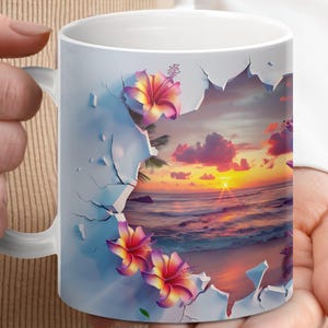 Beach Sunset Mug, Tropical Floral Design Mug, Ocean View Coffee Cup, Beach Scene Art Mug, Exotic Flowers and Ocean Mug, Gift for Beach