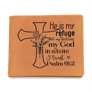 Cartera de cuero para hombre con el Salmo 91:2: Refugio y Fortaleza, billetera cristiana plegable, regalo de fe para él, regalo religioso para papá o esposo.