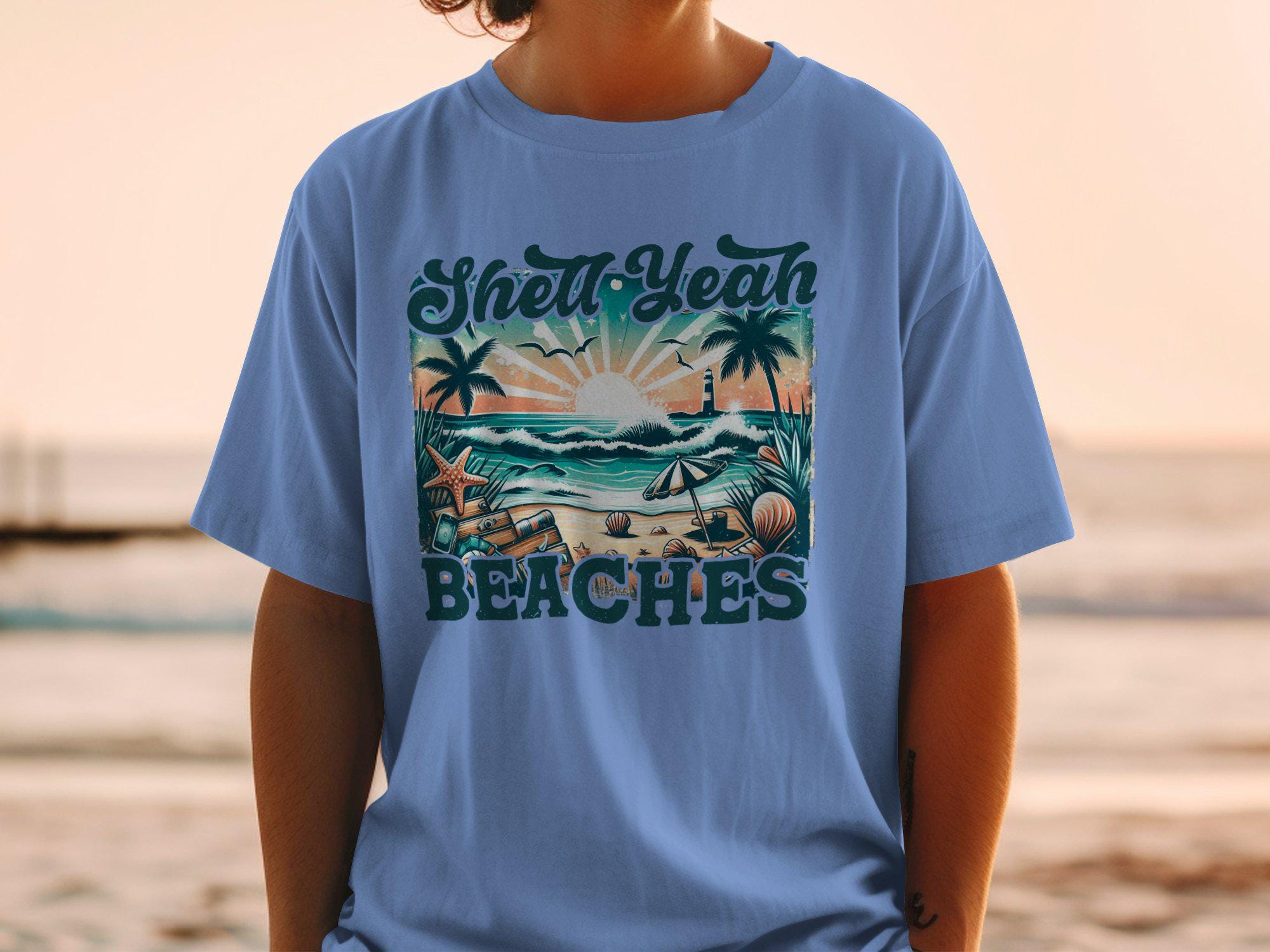Vintage Sunset Beach T-shirt: Shell Yeah Beaches - Ocean Lover 