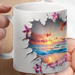 Beach Sunset Mug, Ocean View Mug, Floral Ocean Mug, 3D Flower Beach Mug, Beach Scene Coffee Mug, Scenic Coffee Mug, Ocean Lover Gift