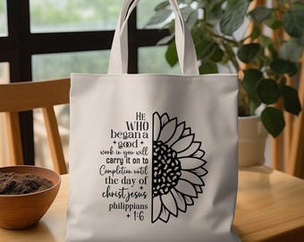 Bolsa de tela cristiana inspiradora, con versículo bíblico de Filipenses 1:6, diseño de medio girasol, con cita motivacional de fe, bolsa de tela religiosa