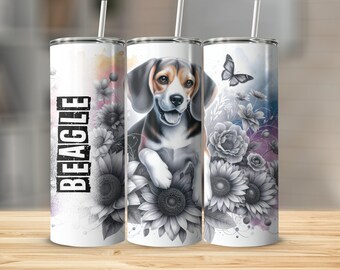 Niedlicher Beagle Becher, buntes Blumenmuster, Schmetterlingsakzent, einzigartiges Geschenk für Hundeliebhaber, Edelstahlisolierung, Reisebecher