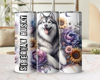 Siberian Husky-mugg – 600 ml blommigt rostfritt stålmugg – Present till hundälskare – Söt resemugg med sugrör för husdjur