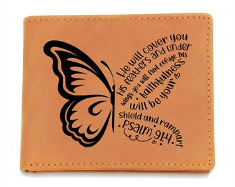 Inspirational Leather Wallet, Butterfly Design, Psalm 91:4 Verse, Faith-Based Wallet, Christian Men's Wallet, Religious Gift, Brown Wallet