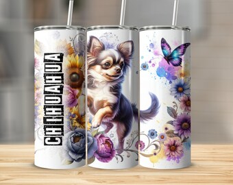 チワワタンブラー、花と蝶が描かれた可愛いチワワ犬、犬好きの方へのユニークなギフト、断熱トラベルマグ、カラフルな犬のアート