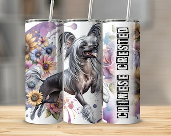 チャイニーズ・クレステッド・ドッグ・タンブラー、花柄の犬好きへのギフト、かわいい犬用トラベルマグ、犬の飼い主に最適、ユニークなペット愛好家用カップ、犬用ギフトマグ