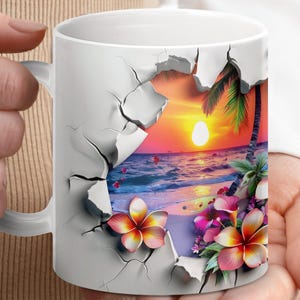 Tropical Beach Scene Mug, Vibrant Sunset Ocean View Mug, Artistic Floral Design Mug, Perfect Gift for Coffee Lovers, Unique Mug