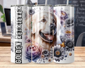 Golden Retriever Floral Tumbler — 20oz Insulated Skinny Travel Cup, Sublimation Print, Dishwasher Safe, Perfect Dog Mom Gift