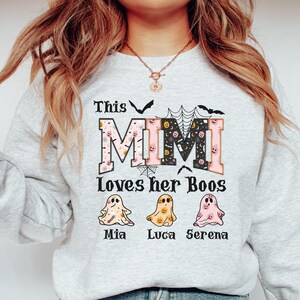 Mimi Loves Her Boos Halloween Sweatshirt – Personalized Ghost Sweatshirt with Kids’ Names, Custom Fall Shirt for Mimi, Grandma Gift