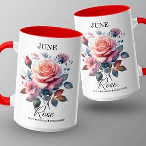 Mug rose de juin, Mug fleur du mois, Mug du mois de naissance, Mug floral, Mug à café rose, Cadeau de l&#39;amitié, Mug Passion, Cadeau d&#39;amour, Mug unique