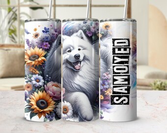 Samojede Becher mit Blumenmuster, Hunde-Liebhaber-Geschenk, niedlicher Hundereisebecher, Sonnenblume und Hundekunst, Becher des Haustier-Liebhabers, Geschenke für sie