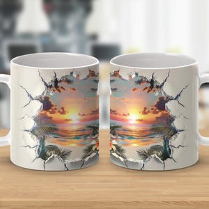 May include: White ceramic coffee mug featuring a vibrant sunset scene. The design appears to break through the mug's surface, revealing a tropical beach with palm trees and a colorful sky. The mug has a curved handle.