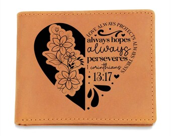 Amor sempre, proteção sempre, carteira de couro, citação inspiradora, carteira com escrituras, versículo bíblico gravado, presente para ele, carteira motivacional