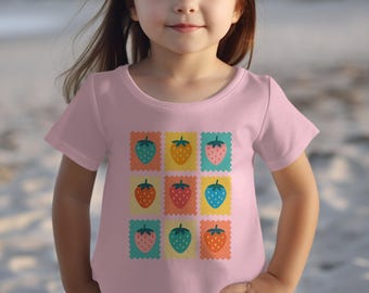 Camiseta infantil com estampa de morango, camiseta retrô com estampa de frutas, camiseta de verão com estampa de morango.
