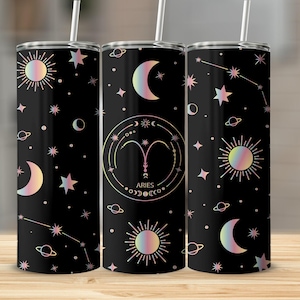 Aries Zodiac Sign Tumbler, Personalized Horoscope Tumbler, Astrology Gift, Celestial Stars Tumbler, Horoscope Lover Gift