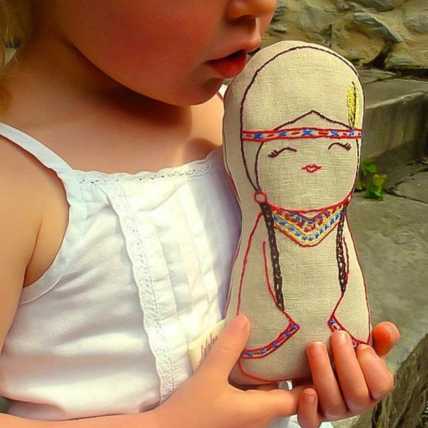 Tallulah - Native American Inbspired Linen doll plush toy, Nursery Decor, New baby gift, natural soft toy, Hand embroidered,Girl