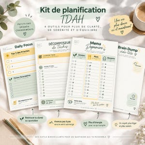 May include: A set of four printed planning sheets titled Kit de planification TDAH, featuring sections for Daily Focus, task breakdown, dopamine menu, and brain dump. The pages use a soft colour palette of sage green, yellow, and white.