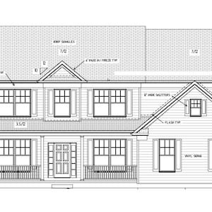 以下が含まれることがあります： ポーチ、複数の窓、切妻屋根を備えた2階建ての家の建築設計図。図面には、屋根瓦、窓のサイズ、その他の構造の詳細に関するラベルが含まれています。