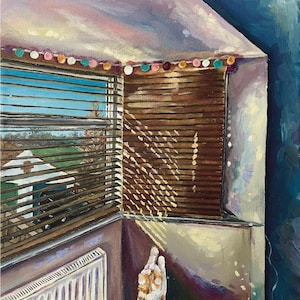 May include: An oil painting depicts a room corner with a window and blinds, casting shadows. A string of colorful lights hangs above. A cat with orange and white fur is looking up. The painting has a warm, inviting feel.