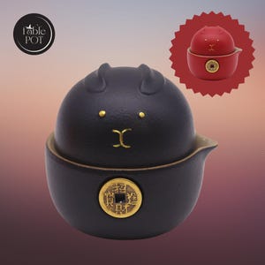 Maneki Neko Teapot Set Infuser Teapot – Ceramic Lucky Cat Tea Set with Travel Case