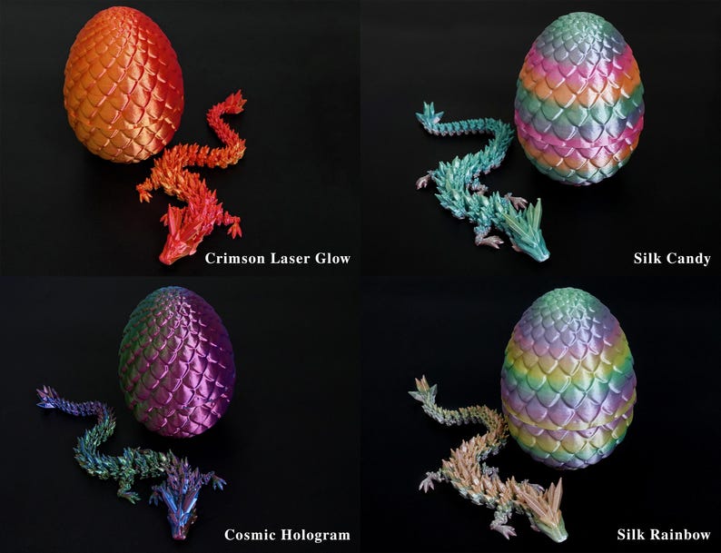 Pu&ograve; includere: Quattro set di uova e figurine di drago fantasy. I set includono Crimson Laser Glow, Silk Candy, Cosmic Hologram e Silk Rainbow. Ogni set presenta un uovo di drago e una figurina di drago abbinata, tutti in colori vivaci.