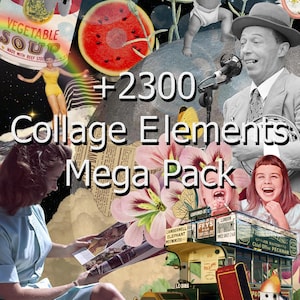 May include: A collage of images with the text "+2300 Collage Elements Mega Pack". The collage includes a can of soup, a watermelon, a baby, a man wearing a hat, a woman reading a book, a flower, a bus, a car, and a lighter.