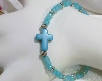 Cross Crucifix Prayer Turquoise Blue  Glass Bead  Cross Elastic Charm Bracelet  Stackable Interchangeable