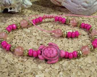 Turtle  Sea Turtle  Wrist Bracelet Or Ankle Bracelet Colorful Cherry Quartz  Bead Accents Adjustable cord  Shown Or Elastic Too Pink