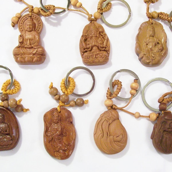 Happy Buddha Ho Tai / Wohlstand Buddha Amulett geschnitzt Natur Holz Schlüsselanhänger