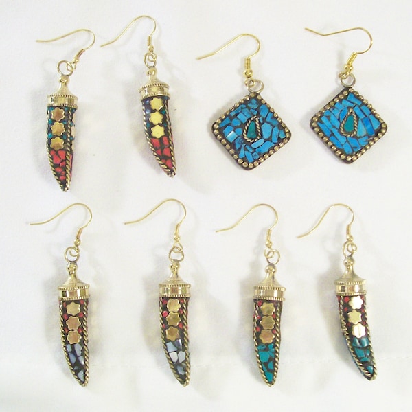 Artisan Bead Earrings Tibetan Nepalese Inlayed Turquoise, Lapis Lazuli, Brass Gold Inlayed Earrings  Tibetan Dangle Tribal Eccentric