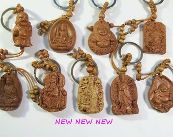 PRICE CUT Happy Buddha  Ho Tai / Prosperity Buddha Amulet Carved Natural Wood Key Chain Fob