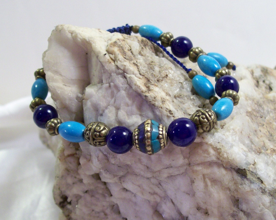 Artisan Tibetan Beads Bracelet Inlayed Turquoise Lapis Etsy