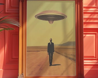 Surreal UFO Print, Retro Sci-Fi Wall Art, Desert Scene