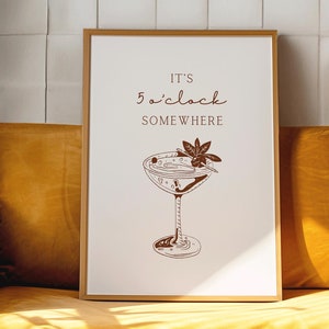 It&#39;s 5 o&#39;clock Somewhere, Home Decor, Cocktail Bar Cart Printable Wall Art, Retro Party Bar Decor, Happy Hour Print, Mid Century Drink Sign