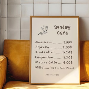 Pôster de café de domingo, arte de parede de menu de café, impressão de amante de café, arte de bar de café, arte de parede de cozinha, arte de parede retrô, esboço de café, arte de bebida retrô